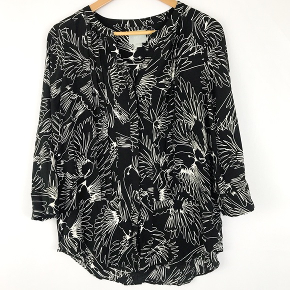 Anthropologie Pintucked Tunic Blouse Black Birds - Picture 2 of 5